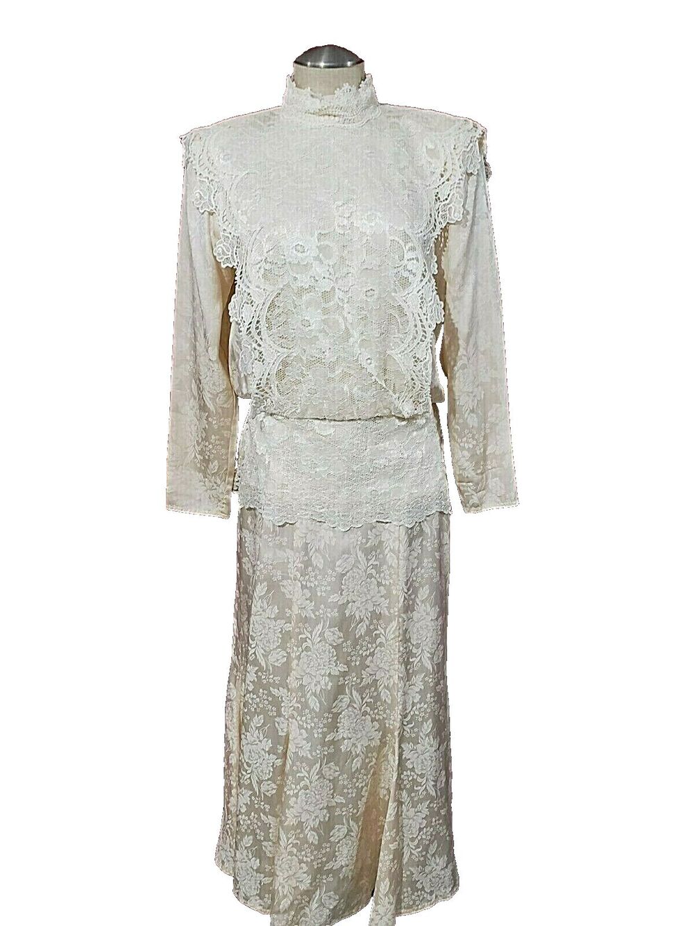 Vtg Jessica McClintock Ivory Silk w/ Lace Trim Floral Long Dress 10